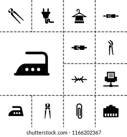 Wire icon. collection of 13 wire filled icons such as hanger, paper clip, phone cable, plug in power socket, phone connection cable. editable wire icons for web and mobile.