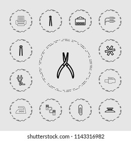 Wire icon. collection of 13 wire outline icons such as pliers, paper clip, phone cable, plug, iron, phone connection cable. editable wire icons for web and mobile.