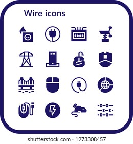  wire icon set. 16 filled wire icons. Simple modern icons about  - Plug, Fuse box, Spring, Electric tower, Charger, Mouse, Bridge, Earth grid, Electricity, Barbed wire