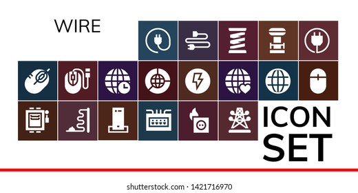 wire icon set. 19 filled wire icons.  Collection Of - Plug, Mouse, Electrical, Charger, Fuse box, Electric tower, Earth grid, Electricity, Spring, Tesla coil