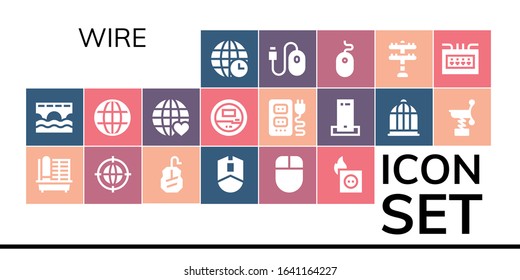 wire icon set. 19 filled wire icons.  Simple modern icons such as: Earth grid, Bridge, Cage, Mouse, Plug, Voltmeter, Socket, Charger, Bird cage, Spring, Transmission tower, Fuse box