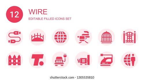 wire icon set. Collection of 12 filled wire icons included Usb cable, Bridge, Earth grid, Iron, Cage, Fence, Turner, Electric, Dynamo