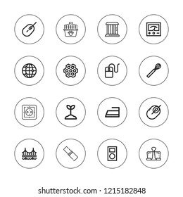 Wire icon set. collection of 16 outline wire icons with bud, bridge, cage, earth grid, iron, mouse, mp player, paper clip, revolver, whisk, socket icons.
