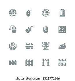 wire icon set. Collection of 16 filled wire icons included Bridge, Electricity, Fence, Iron, Electric tower, Earth grid, Voltmeter, Computer mouse, Electric, Bird cage