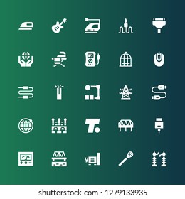 wire icon set. Collection of 25 filled wire icons included Electricity, Whisk, Dynamo, Bridge, Voltmeter, Hdmi, Turner, Earth grid, Usb cable, Electric tower, Wire, Connector