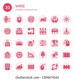 wire icon set. Collection of 30 filled wire icons included Wire, Computer mouse, Earth grid, Iron, Bridge, Bird cage, Electric, Connector, Charger, Cage, Electric telegraph, Hdmi