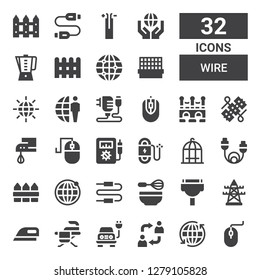 wire icon set. Collection of 32 filled wire icons included Computer mouse, Earth grid, Alternate, Electric, Iron, Ironing, Electric tower, Cable, Whisk, Connector, Fence, Bird cage