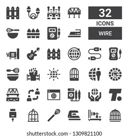 wire icon set. Collection of 32 filled wire icons included Cage, Electric telegraph, Iron, Whisk, Bird cage, Hdmi, Turner, Earth grid, Voltmeter, Alternate, Bridge, Electric, Barbed wire