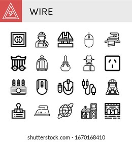 wire icon set. Collection of Voltage, Socket, Electrician, Bridge, Mouse, Iron, Cage, Bird cage, Compress, Detective, Power transformer, Jack connector, Clip, Earth grid icons