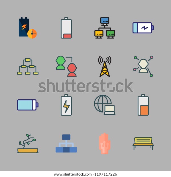 wire icon set. vector set about\
network, antenna, battery and wired gloves icons\
set.