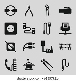 Wire icons set. set of 16 wire filled icons such as plug socket, hanger, pliers, phone, no plug, phone cable, phone connection cable