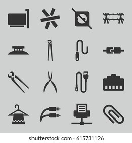 Wire icons set. set of 16 wire filled icons such as hanger, pliers, no plug, phone cable, clip, phone connection cable