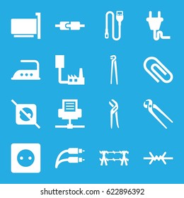 Wire icons set. set of 16 wire filled icons such as plug socket, iron, pliers, plug, clip