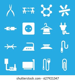 Wire icons set. set of 16 wire filled icons such as plug socket, hanger, iron, pliers, plug, spring rotate, paper clip, phone connection cable