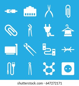 Wire icons set. set of 16 wire filled icons such as plug socket, hanger, pliers, plug, spring rotate, paper clip, phone cable, clip, phone connection cable