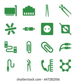 Wire icons set. set of 16 wire filled icons such as plug socket, pliers, phone, spring rotate, no plug, paper clip, phone cable, clip, phone connection cable