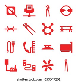Wire icons set. set of 16 wire filled icons such as pliers, phone, spring rotate, no plug, phone connection cable