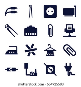 Wire icons set. set of 16 wire filled icons such as plug socket, hanger, iron, pliers, plug, paper clip, phone cable, clip