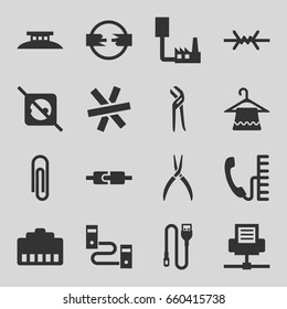 Wire icons set. set of 16 wire filled icons such as hanger, pliers, phone, no plug, paper clip, phone cable, phone connection cable, plug in power socket