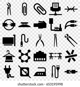 Wire icons set. set of 25 wire filled icons such as hanger, iron, pliers, plug, spring rotate, no plug, paper clip, phone cable, clip, phone connection cable