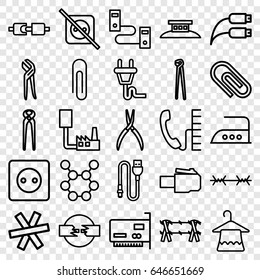 Wire icons set. set of 25 wire outline icons such as plug socket, hanger, iron, pliers, plug, phone, paper clip, spring rotate, phone cable, clip, phone connection cable
