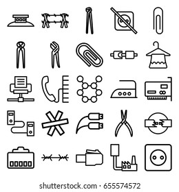 Wire icons set. set of 25 wire outline icons such as plug socket, hanger, iron, pliers, phone, paper clip, spring rotate, no plug, phone cable, clip, phone connection cable