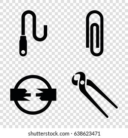Wire icons set. set of 4 wire filled icons such as pliers, wire, paper clip