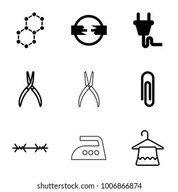 Wire icons. set of 9 editable filled and outline wire icons such as paper clip, cable, plug, hanger, pliers, wire fence, iron