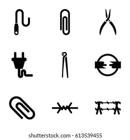 Wire icons set. set of 9 wire filled icons such as pliers, plug, paper clip, clip