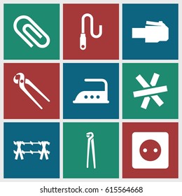 Wire icons set. set of 9 wire filled icons such as plug socket, iron, pliers, phone cable
