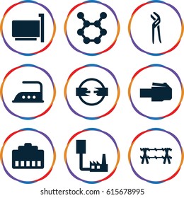 Wire icons set. set of 9 wire filled icons such as iron, pliers, wire fence, spring rotate, phone cable, phone connection cable