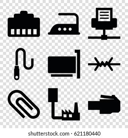 Wire icons set. set of 9 wire filled icons such as iron, phone cable, clip