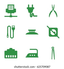 Wire icons set. set of 9 wire filled icons such as iron, pliers, plug, no plug, phone cable