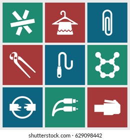 Wire icons set. set of 9 wire filled icons such as hanger, pliers, spring rotate, paper clip, phone cable