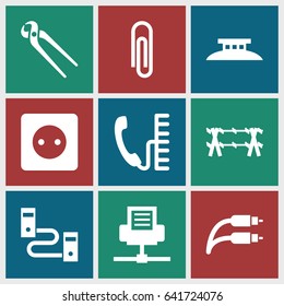 Wire icons set. set of 9 wire filled icons such as plug socket, pliers, phone, paper clip, phone connection cable