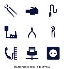 Wire icons set. set of 9 wire filled icons such as plug socket, pliers, wire, phone, phone cable