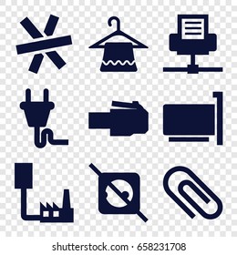 Wire icons set. set of 9 wire filled icons such as hanger, plug, wire fence, no plug, phone cable, clip