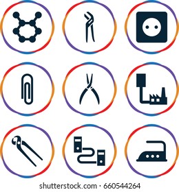 Wire icons set. set of 9 wire filled icons such as plug socket, iron, pliers, spring rotate, paper clip, phone connection cable