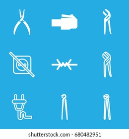 Wire icons set. set of 9 wire filled and outline icons such as pliers, wire fence, plug, no plug