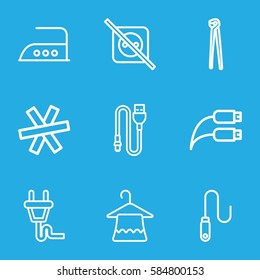 wire icons set. Set of 9 wire outline icons such as hanger, iron, pliers, plug