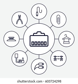 Wire icons set. set of 9 wire outline icons such as hanger, pliers, paper clip, phone cable