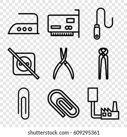 Wire icons set. set of 9 wire outline icons such as iron, pliers, wire, paper clip, no plug, clip