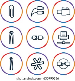 Wire icons set. set of 9 wire outline icons such as pliers, paper clip, phone cable, plug in power socket, phone connection cable