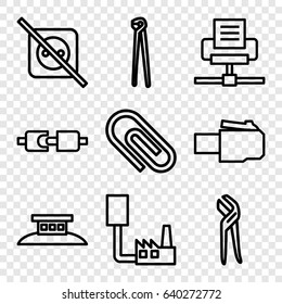 Wire icons set. set of 9 wire outline icons such as pliers, wire fence, no plug, phone cable, clip, phone connection cable