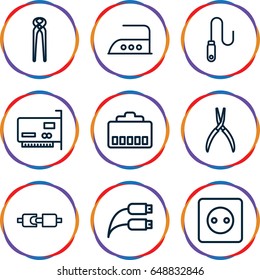 Wire icons set. set of 9 wire outline icons such as plug socket, iron, pliers, phone cable, phone connection cable