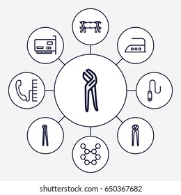 Wire icons set. set of 9 wire outline icons such as iron, pliers, phone, spring rotate