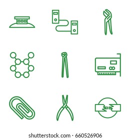 Wire icons set. set of 9 wire outline icons such as pliers, wire fence, spring rotate, clip, phone connection cable