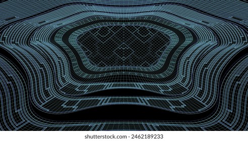 Wire low poly frame of a futuristic corridor or tunnel, consisting of lines and polygons in neon color on a black background. vector illustration.