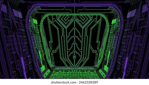 Wire low poly frame of a futuristic corridor or tunnel, consisting of lines and polygons in neon color on a black background. vector illustration.