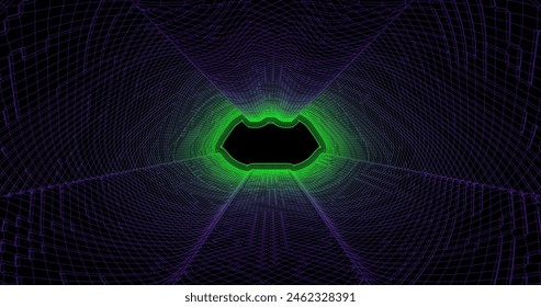 Wire low poly frame of a futuristic corridor or tunnel, consisting of lines and polygons in neon color on a black background. vector illustration.